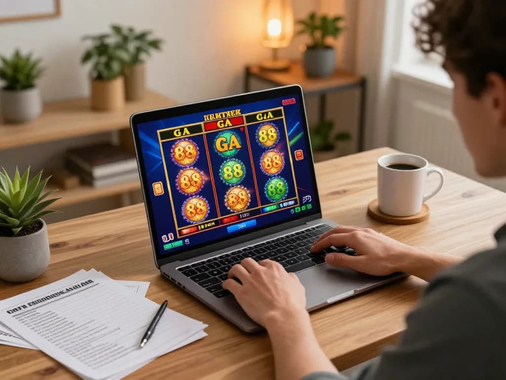 Engaging in GA 88 slot gameplay on a laptop, showcasing a cozy home gaming setup with strategic notes and warm ambiance.
