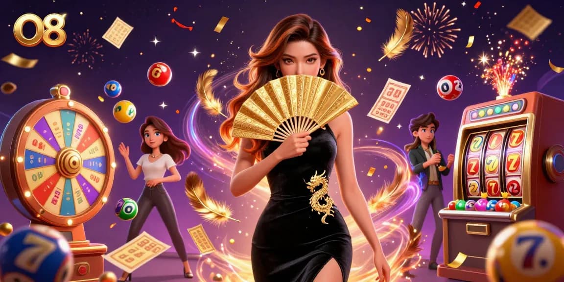 O8 casino offers vibrant gaming with a stunning Asian woman and dynamic lottery elements.