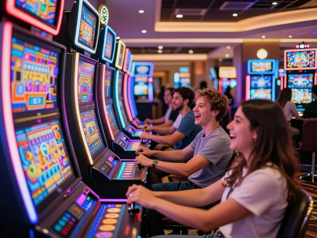 Players enjoying vibrant slot machines at ALO8 casino, showcasing excitement and dynamic gaming atmosphere