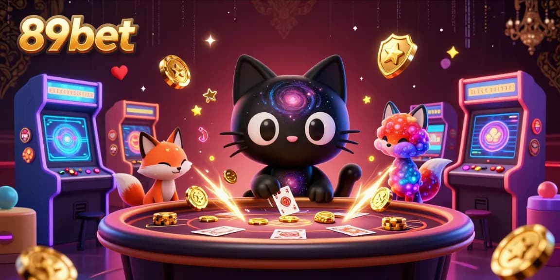 89bet's vibrant cosmic casino landscape featuring a playful black hole cat and nebula fox.