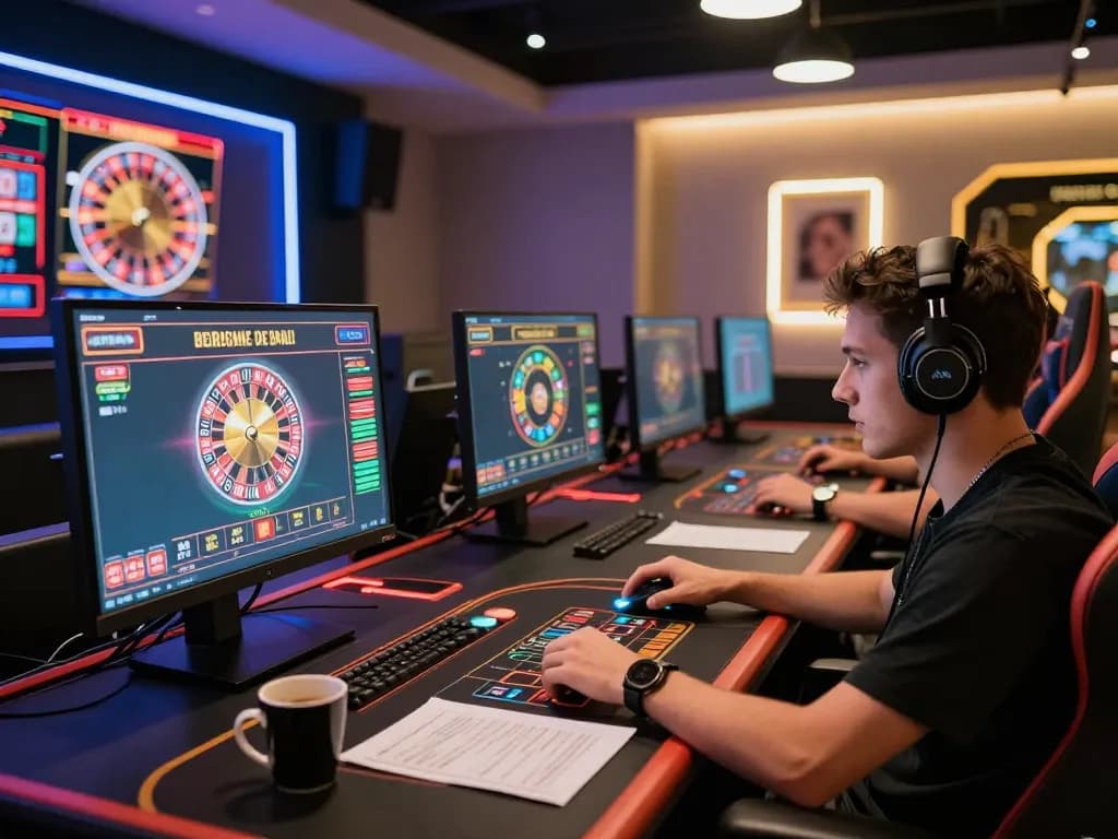 Player engaging in online casino games using multiple screens in a bright, professional gaming setup.