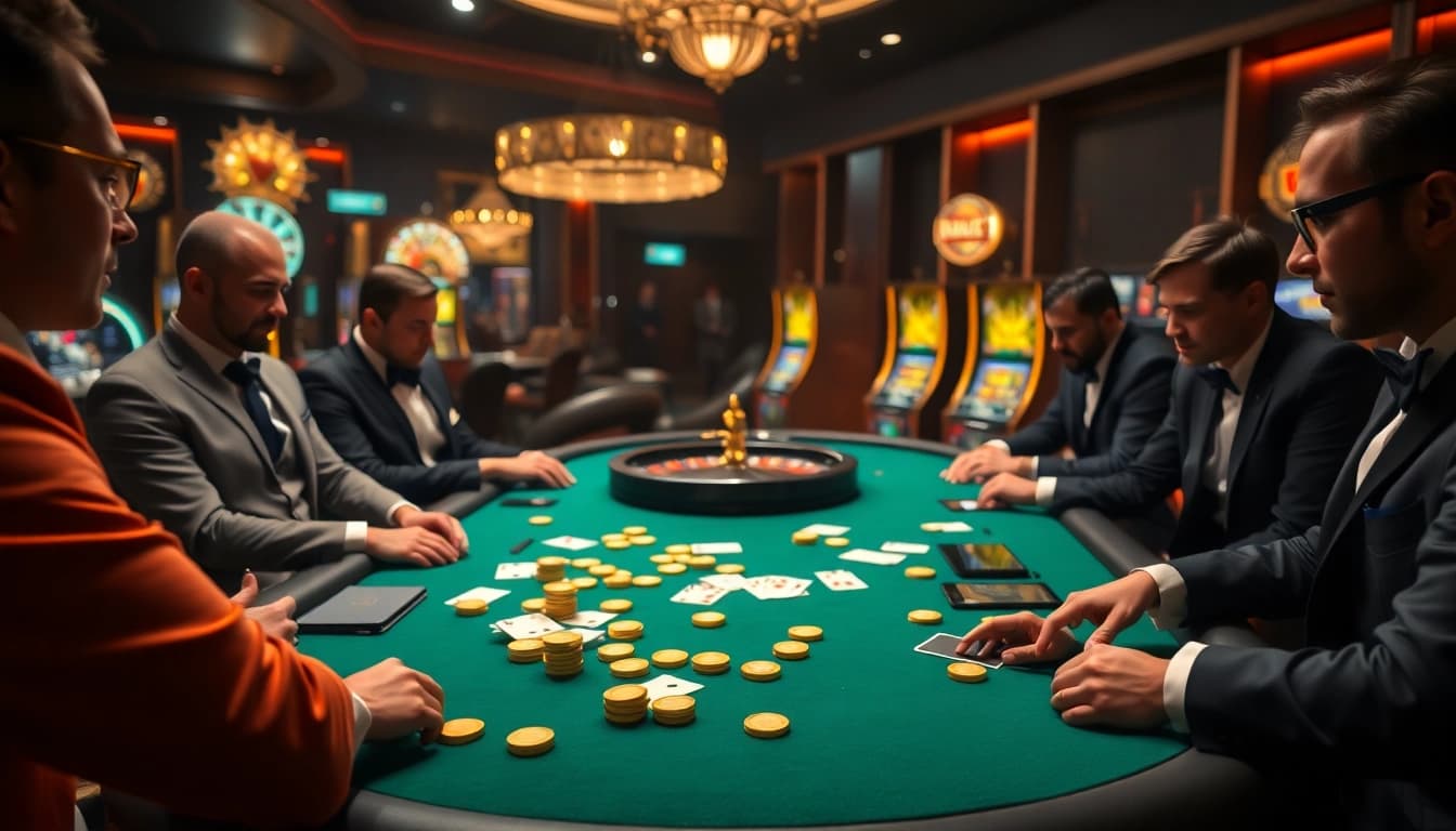 Engaging in high-stakes poker at a luxurious man club casino table with chips and cards.