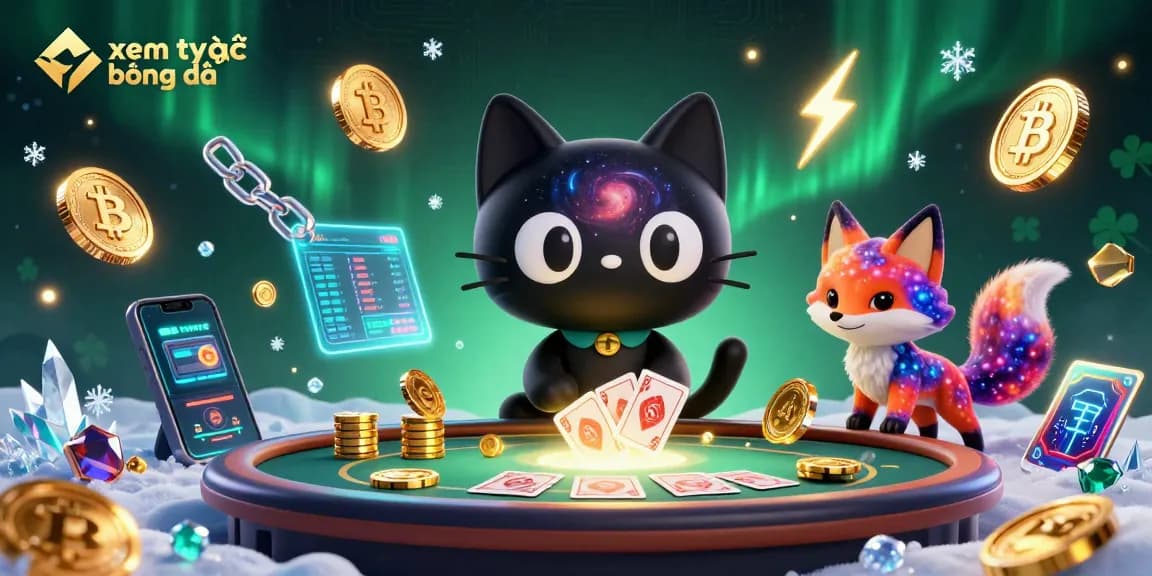 Experience xem trực tiếp bóng đá with a cosmic cat and nebula fox in a vibrant casino scene.