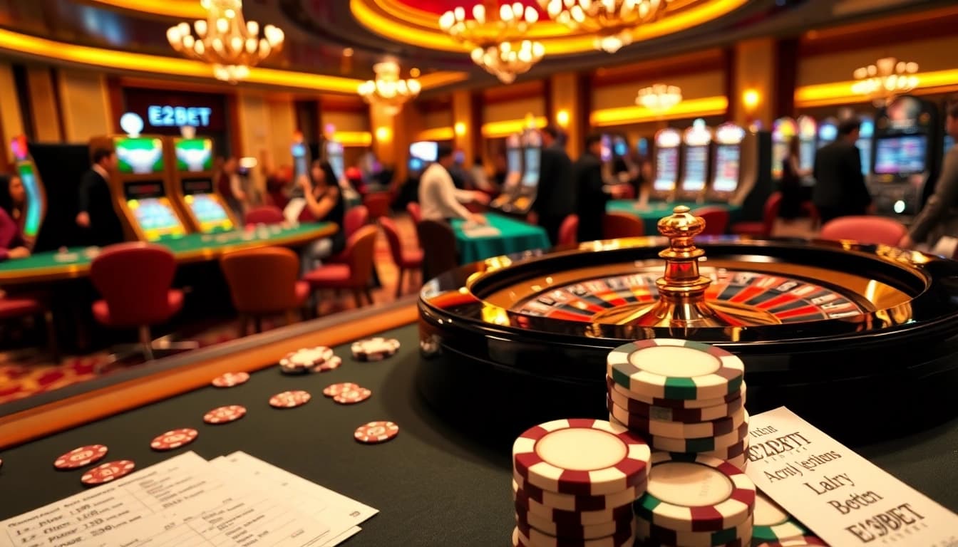 Experience the thrill of E2BET with vibrant casino action, featuring tables and slot machines.