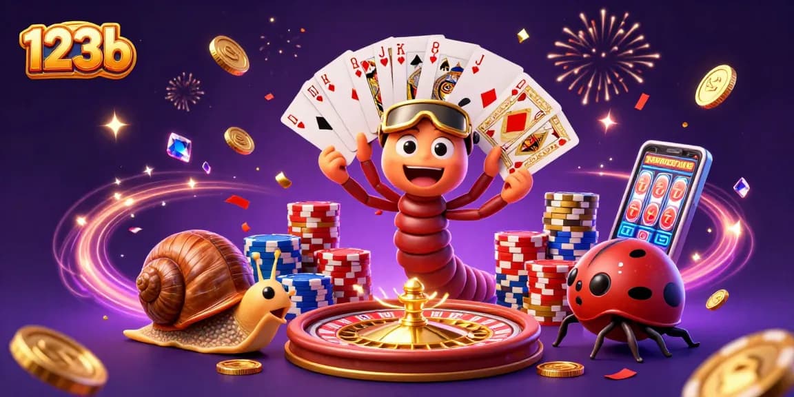 Celebrate wins at 123b with a vibrant 3D casino scene featuring playful characters and dynamic gaming elements.