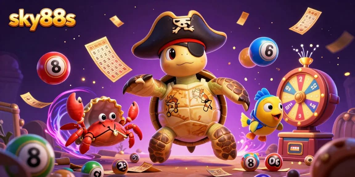 Experience excitement at sky88s with vibrant casino elements including lottery balls and treasure.