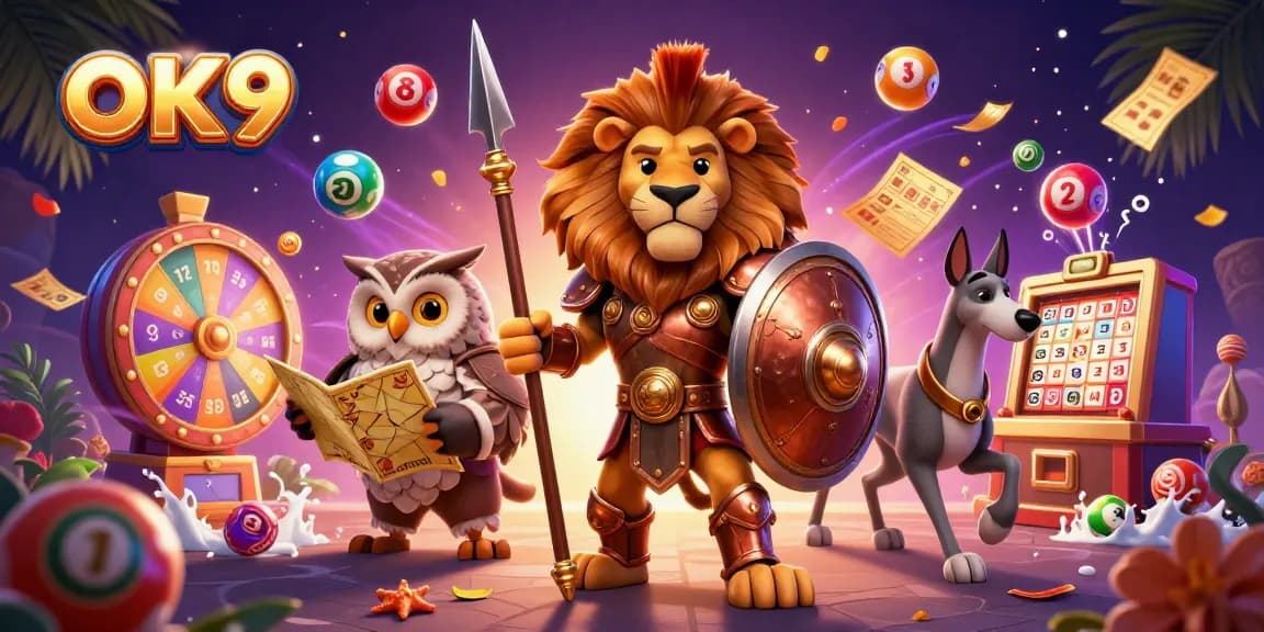 OK9 engages players with colorful lottery balls and golden prizes in a dynamic casino scene.