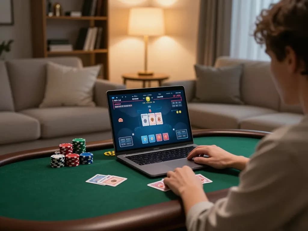 Lode88vi player engaged in poker game from home, showcasing a comfortable gaming environment.