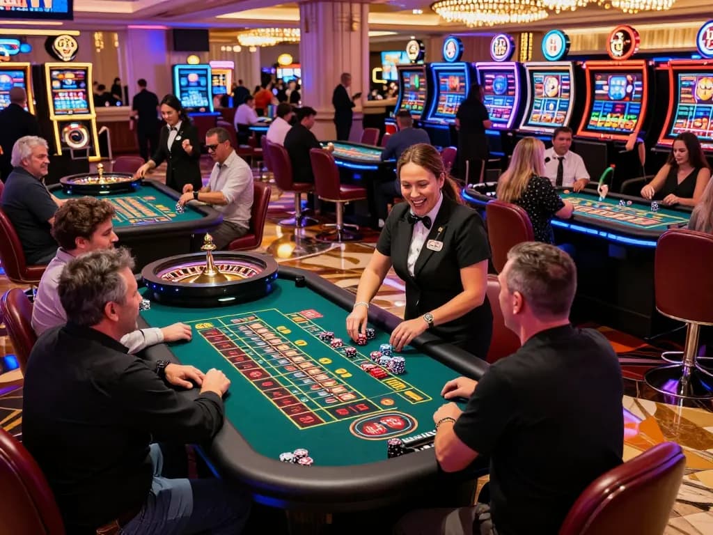 Experience the excitement of aa888 gambling at a vibrant Vegas casino with players at roulette tables.