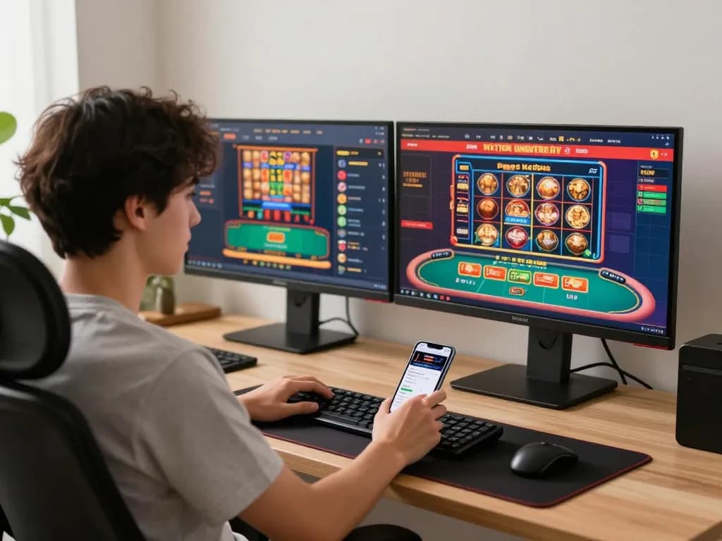 O8 online gaming setup with multiple screens showcasing casino games, reflecting a vibrant casino environment.