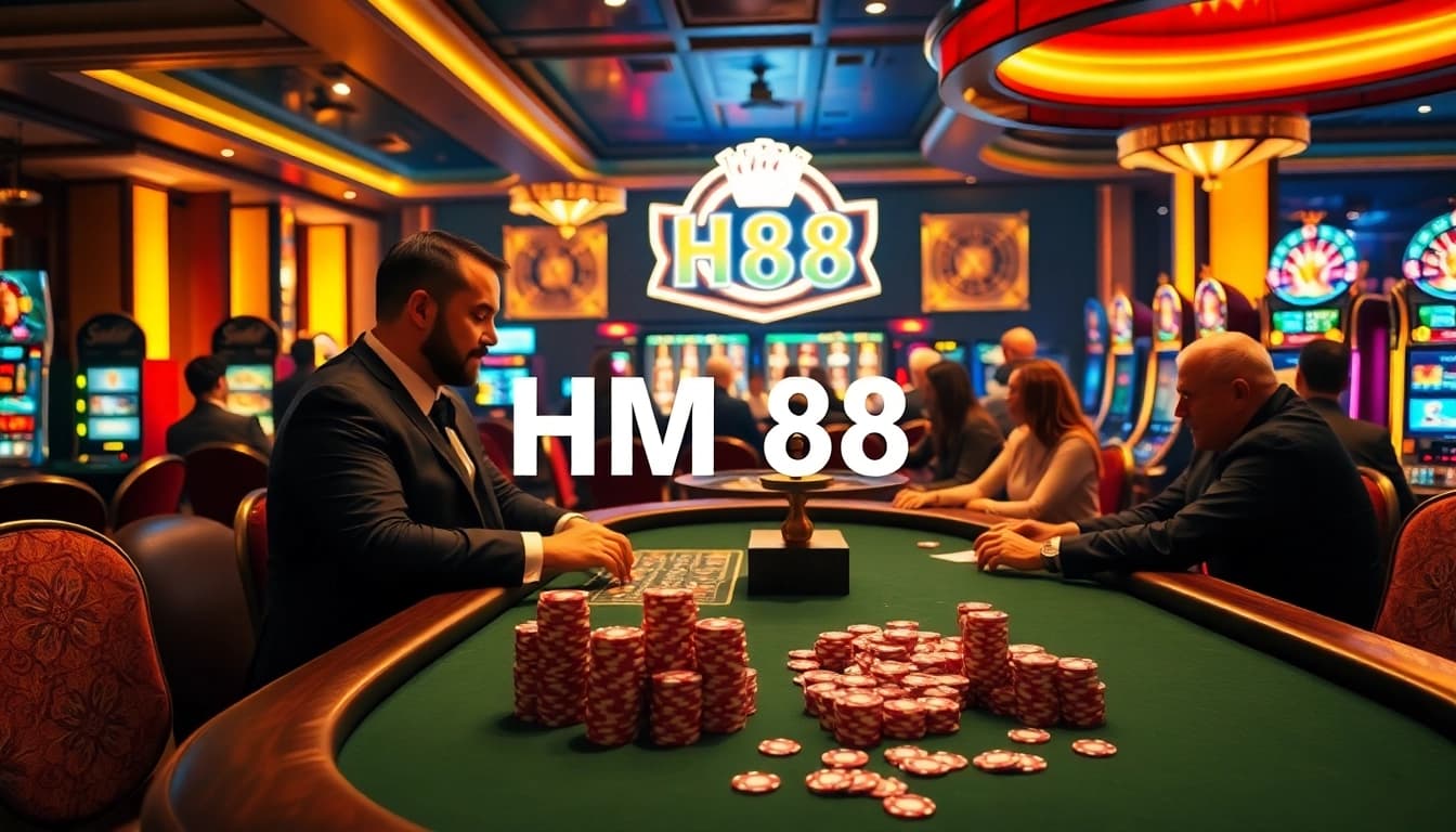 Players enjoying a thrilling game at the casino featuring HM 88 slot machines and vibrant poker tables.
