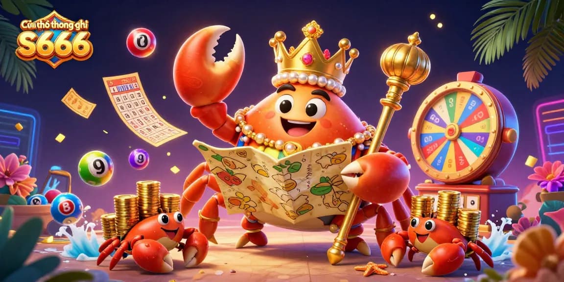 Câu hỏi thường gặp S666 showcases a golden crab emperor with vibrant lottery elements, promoting gaming excitement.