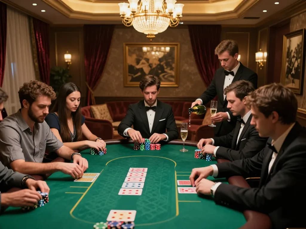 Kong88 players strategizing at an exclusive poker table in a luxurious VIP gaming room