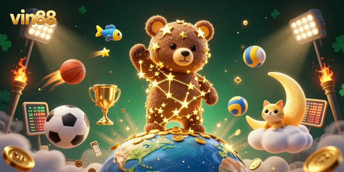 Experience thrilling moments with vin88 as the constellation bear captures coins, surrounded by dynamic sports elements.