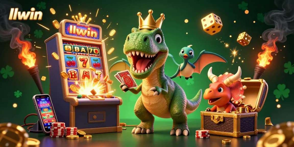 Join the fun at llwin with a playful T-Rex and friends in a vibrant casino scene.