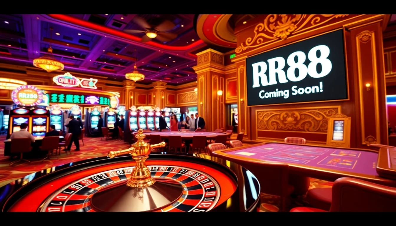 Experience the excitement of RR88 as players engage with vibrant casino games in a luxurious setting.