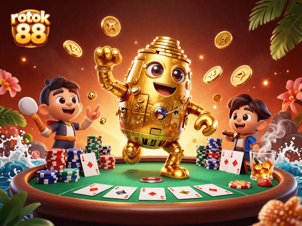 Experience the thrill of rokok 88 gaming with a vibrant, dynamic 3D scene filled with casino excitement.