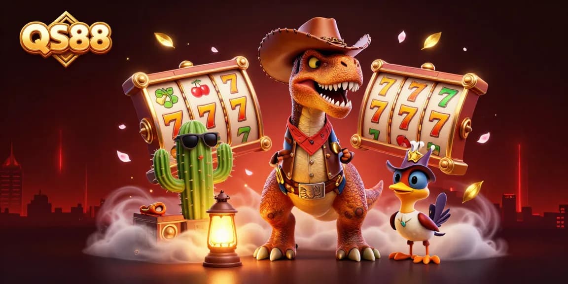 Experience thrilling gameplay at QS88 with slot reels, vibrant 7s, and festive decorations.