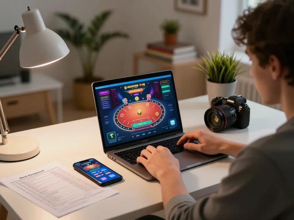 Player enjoying online poker on 9bet at home with strategy notes and cozy ambiance