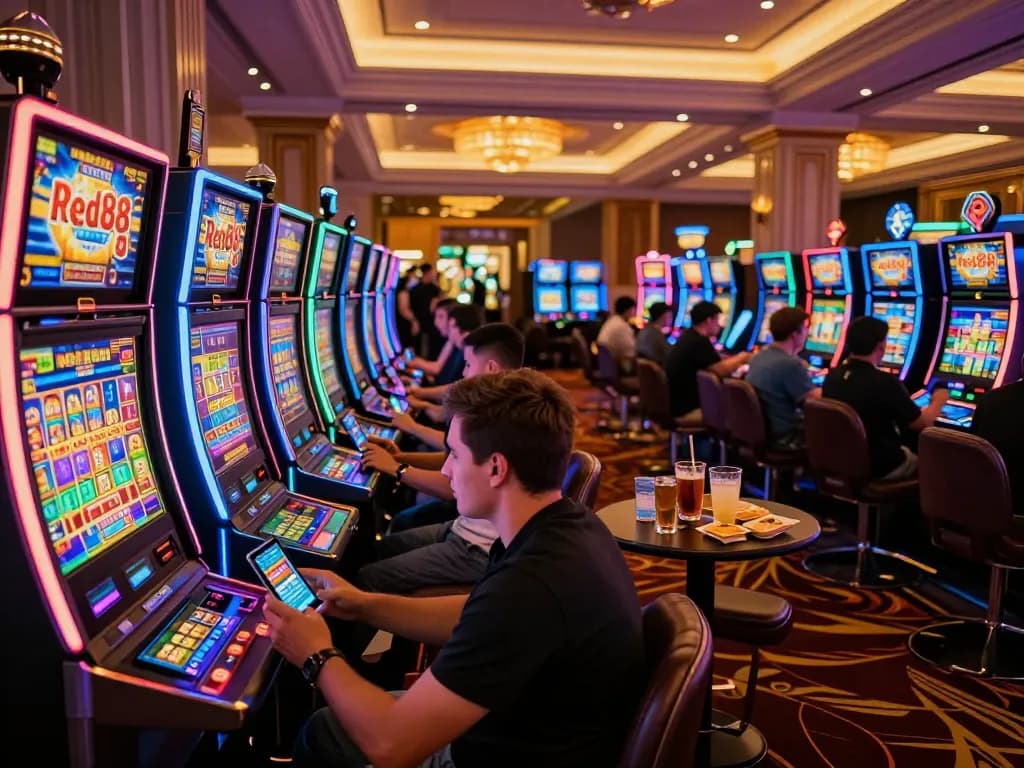 Players enjoying slots at Red88 chính thức casino under vibrant neon lights