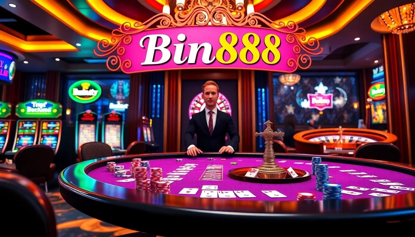 Engage with Bin88 at a vibrant casino featuring a thrilling gaming table and roulette wheel.