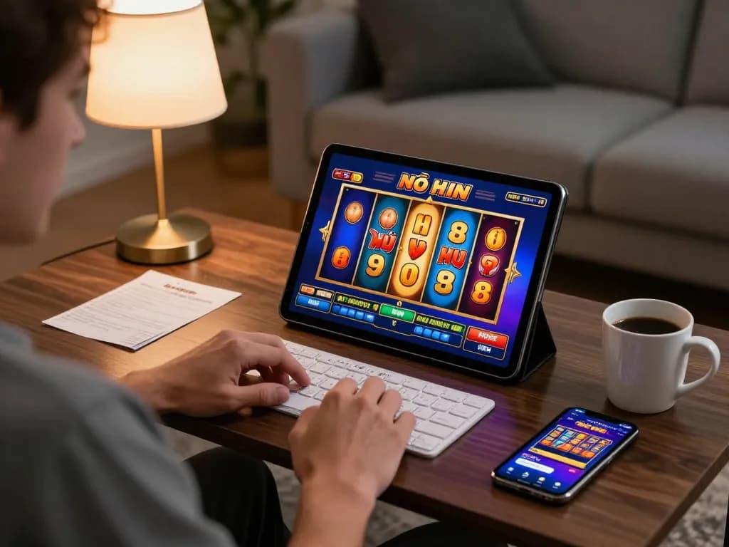 Nổ Hũ 98WIN gameplay scene featuring a player engrossed on a tablet in a cozy living room.