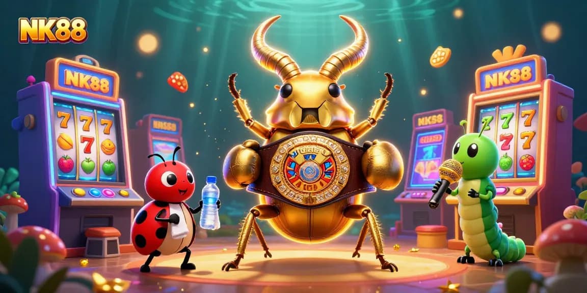 Experience NK88's thrilling slots action with a vibrant 3D visual showcasing a unique beetle champion.