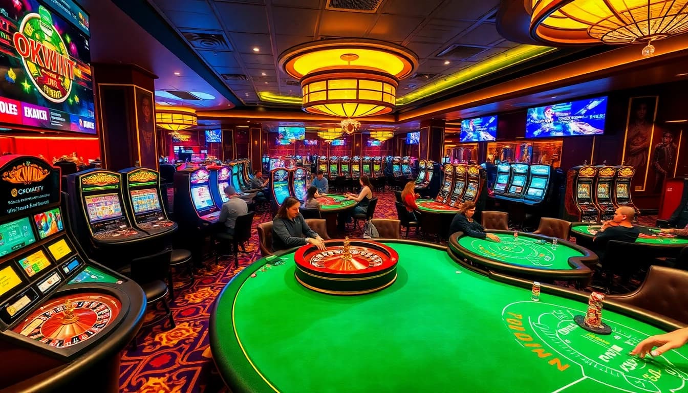 Engage with intense poker action at Okwintv featuring vibrant tables and glowing slot machines.