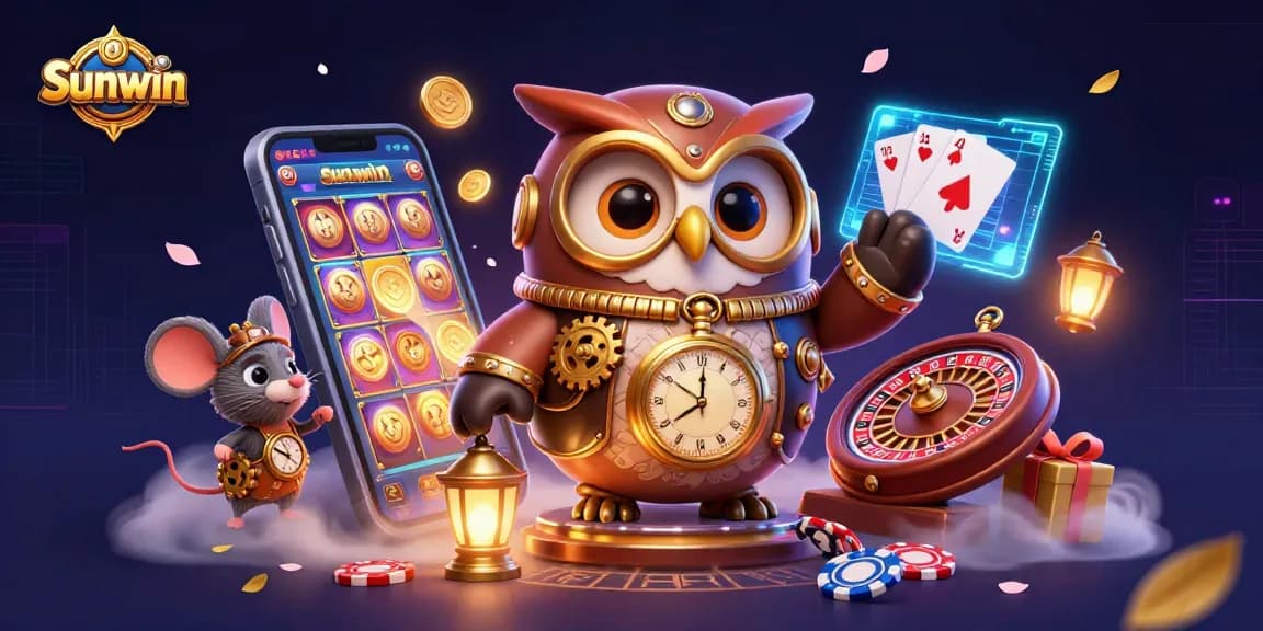 Experience thrilling wins with Sunwin's vibrant casino illustration featuring an owl and casino elements.