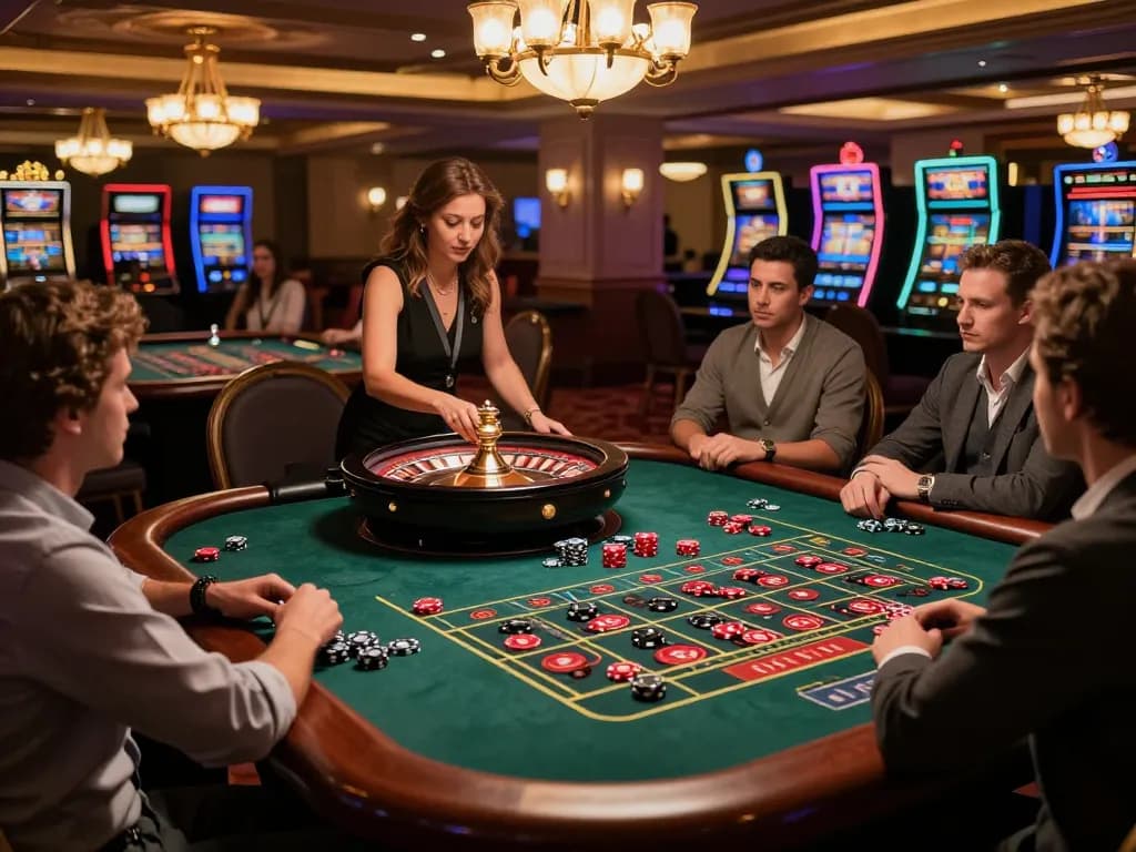 Playing strategic roulette at LLwin casino, vibrant atmosphere with croupier and chips.