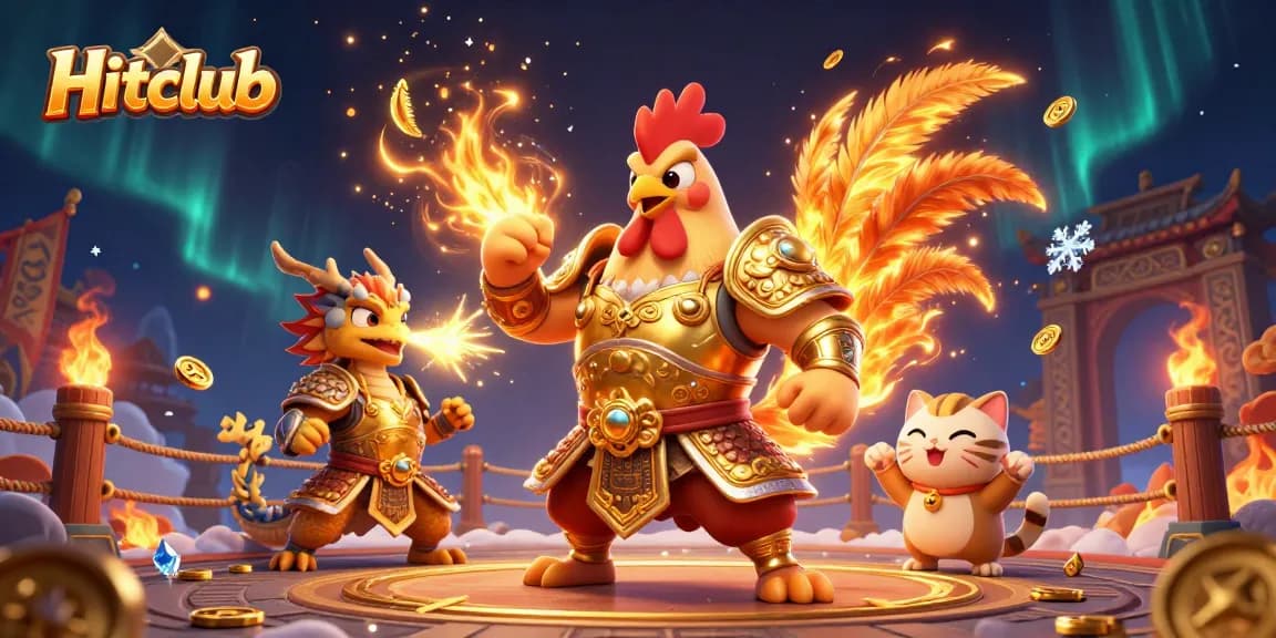 Hitclub showcases thrilling cockfighting action with a rooster warrior and dragon hatchling.