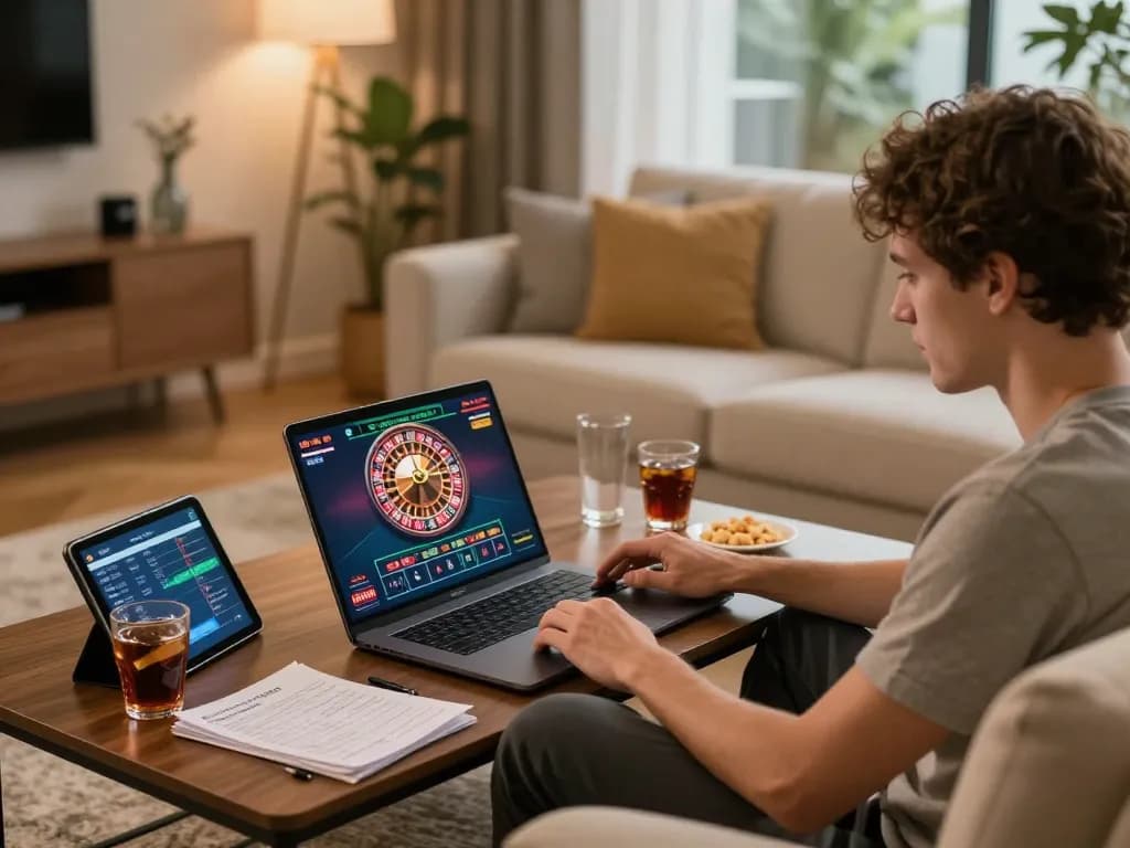 Engaging in online casino gameplay with LU88 in cozy living room setting