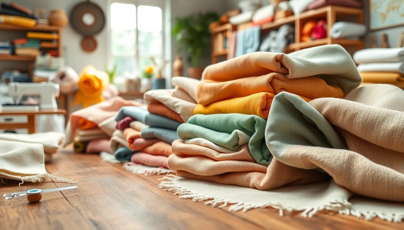 Katoen stoffen assortiment met diverse texturen en kleuren op een houten tafel.
