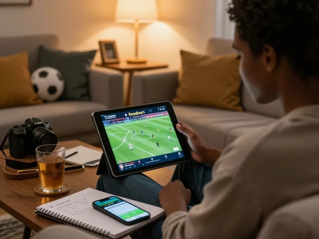 Person engaged with Socolive’s football streaming on a tablet in a cozy home setting, emphasizing online sports betting.