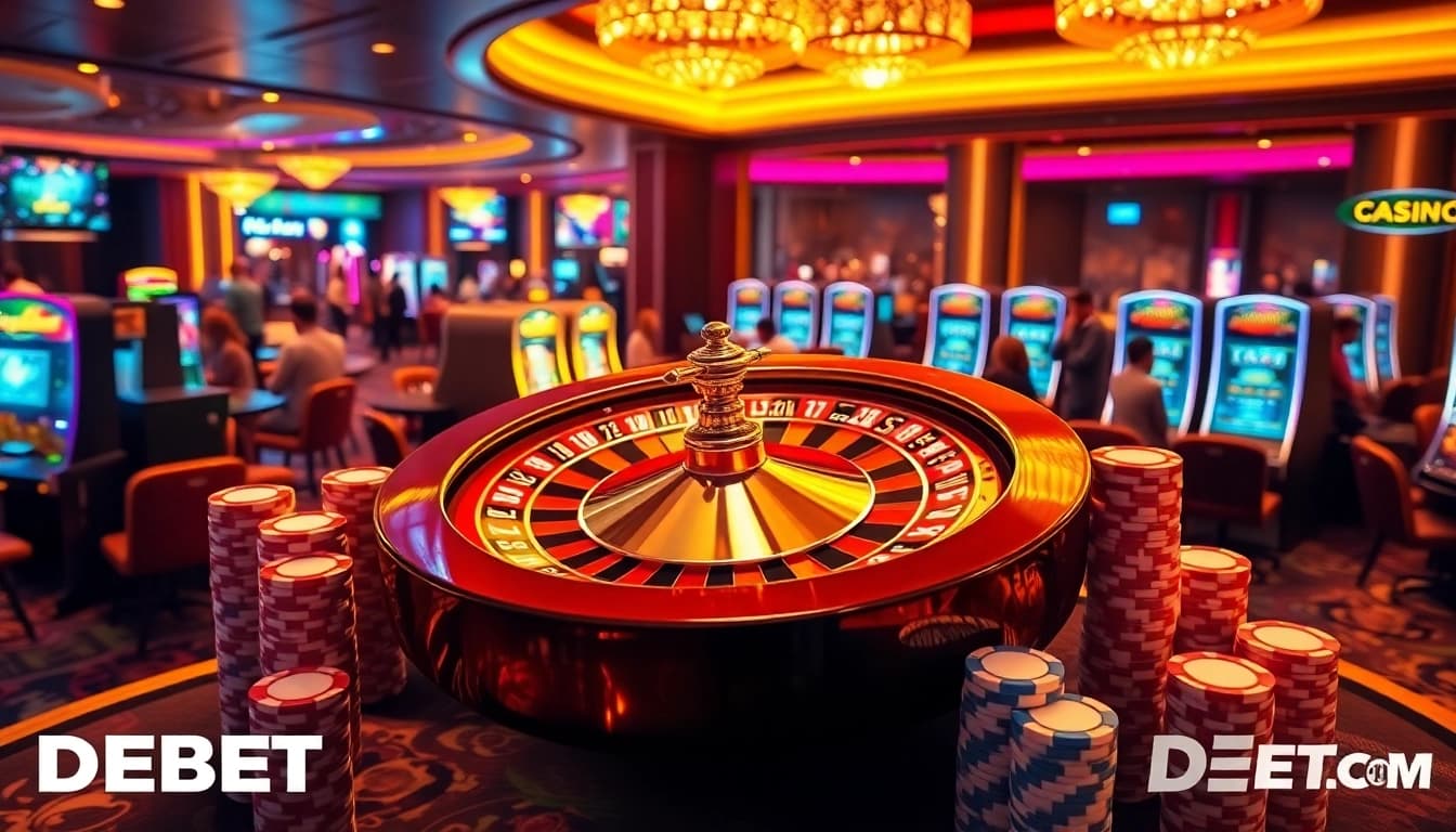 Experience thrilling gameplay at DEBET Com with vibrant casino visuals including roulette and poker.