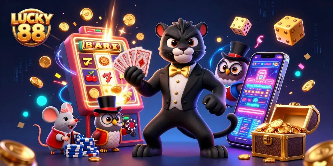 Spin the reels of LUCKY 88 with vibrant characters celebrating a jackpot explosion.