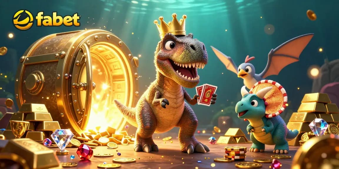 Experience the fun of fabet casino with a T-Rex shuffling cards and stacked gold chips.