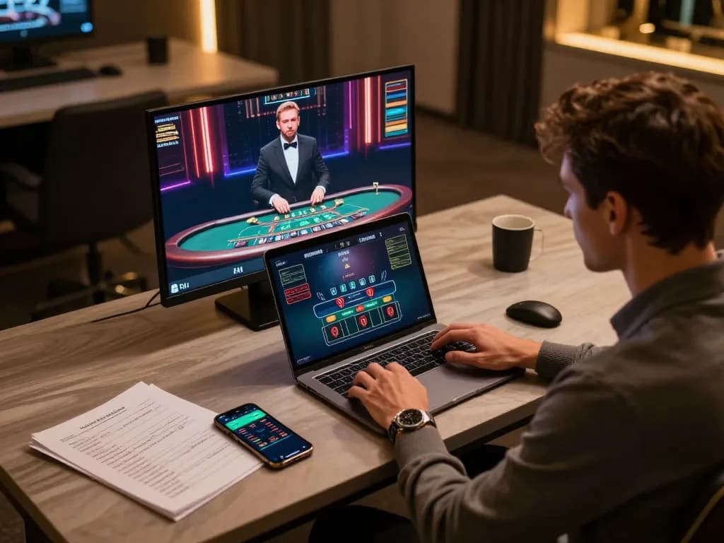 Engaged player at home using sin88 for strategic online blackjack.