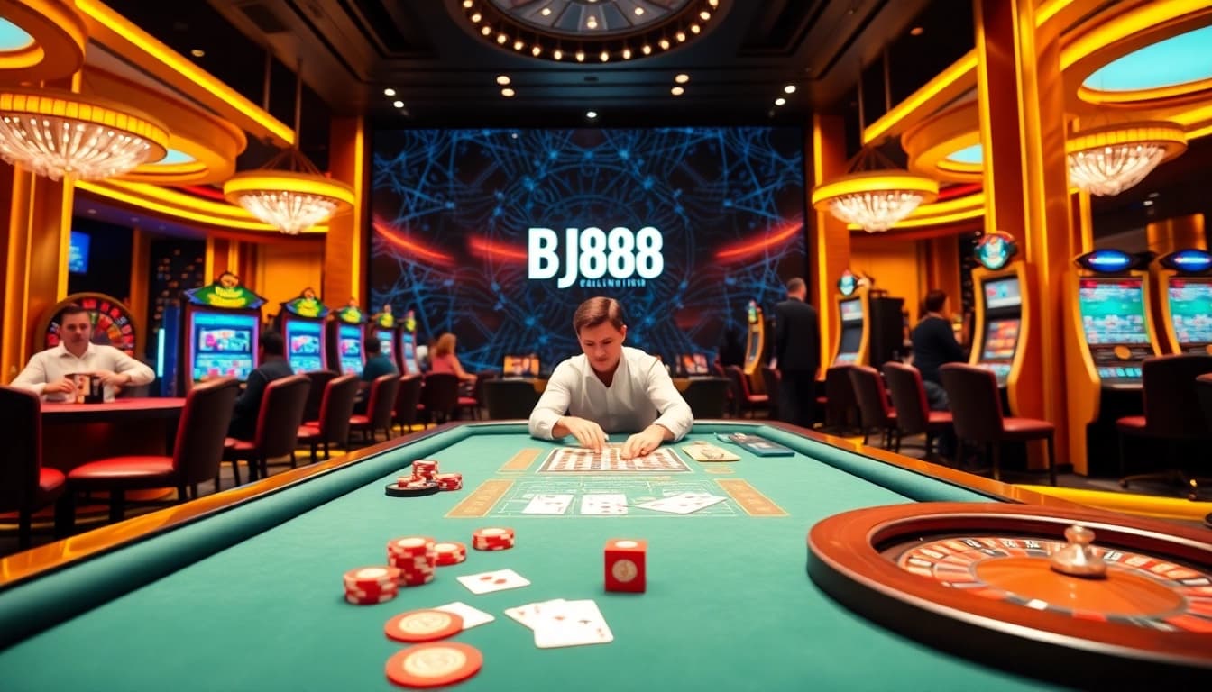 Experience the excitement of trang chủ bj88 in a vibrant casino setting with poker chips and roulette wheels.
