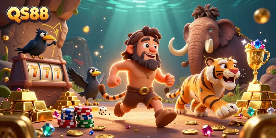 Spin the reels at the QS88 casino with caveman and tiger duo amidst sparkling treasures.