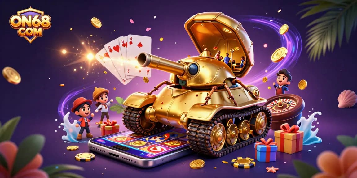 Experience the vibrant energy of ON68 COM with dynamic casino elements and a golden beetle tank