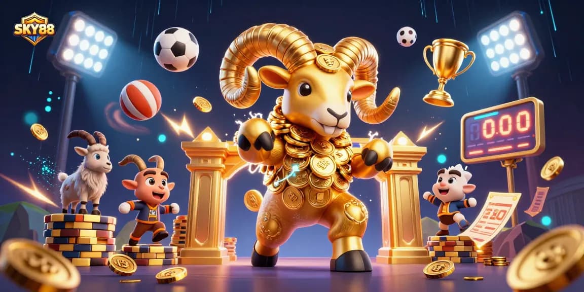 Experience betting thrills with SKY88 in a vibrant casino-themed 3D illustration featuring gold and dynamic sports elements.