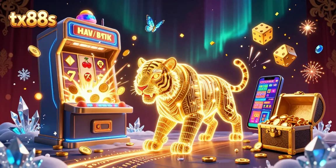 Experience wins at tx88s, where the golden tiger prowls a vibrant digital casino filled with treasures.