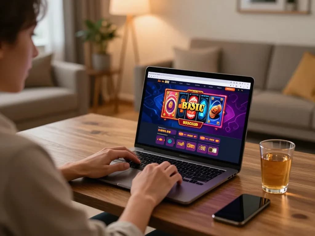 B52CLUB gaming session on laptop with vibrant graphics in a cozy home setup.