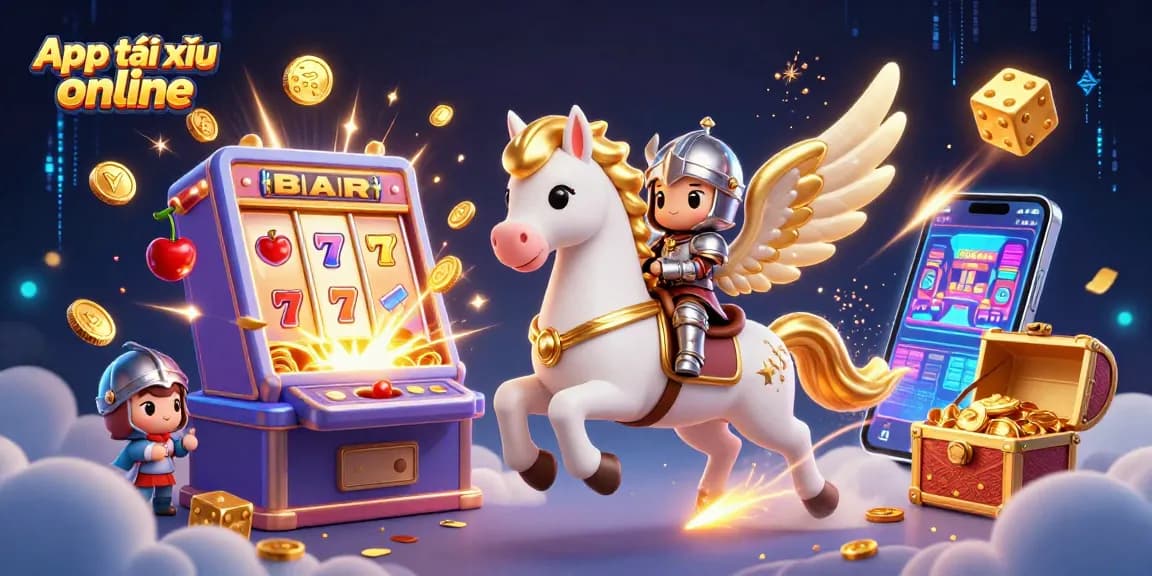 Experience excitement with App tài xỉu online, featuring vibrant visuals of a slot machine and characters.