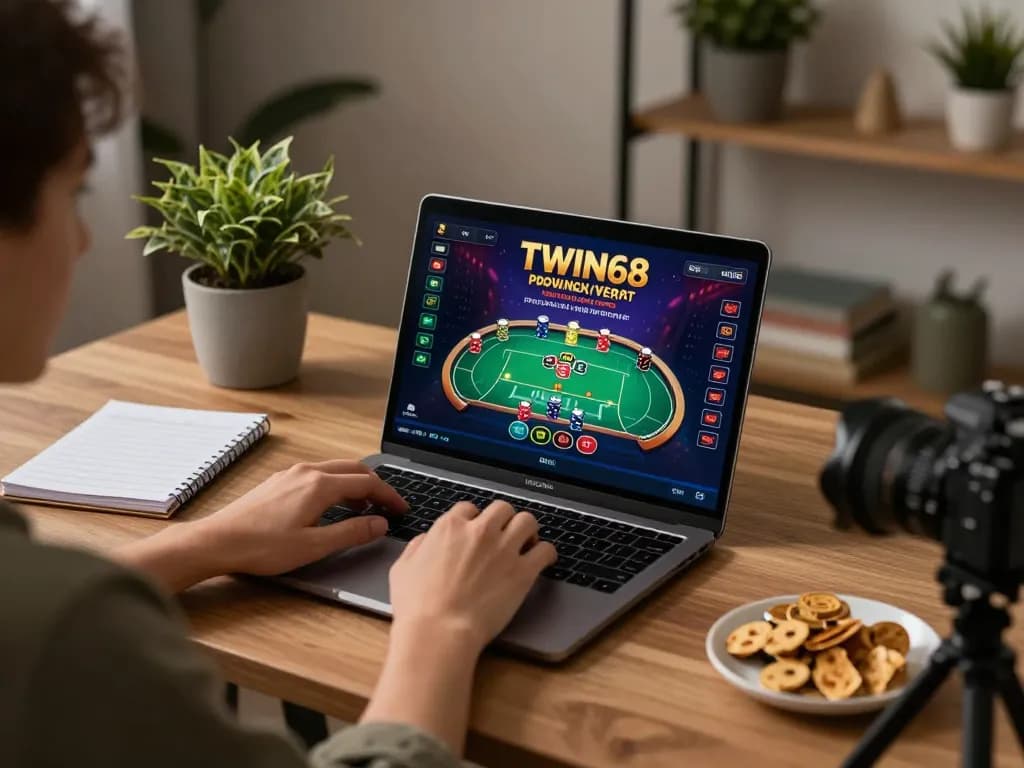 TWIN68 interface on laptop with a player engaging in online casino gaming in a cozy home setting.