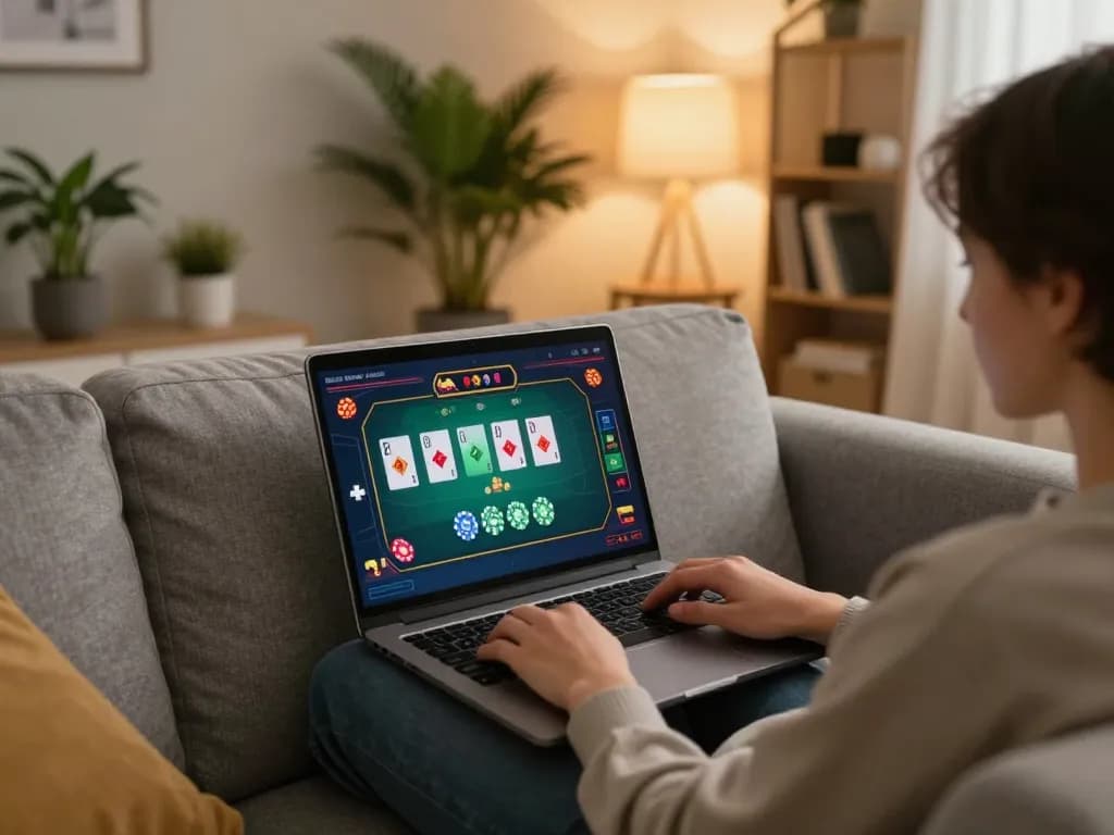 MAY88 player engaging in online poker from a cozy home setup, showcasing strategic gameplay.