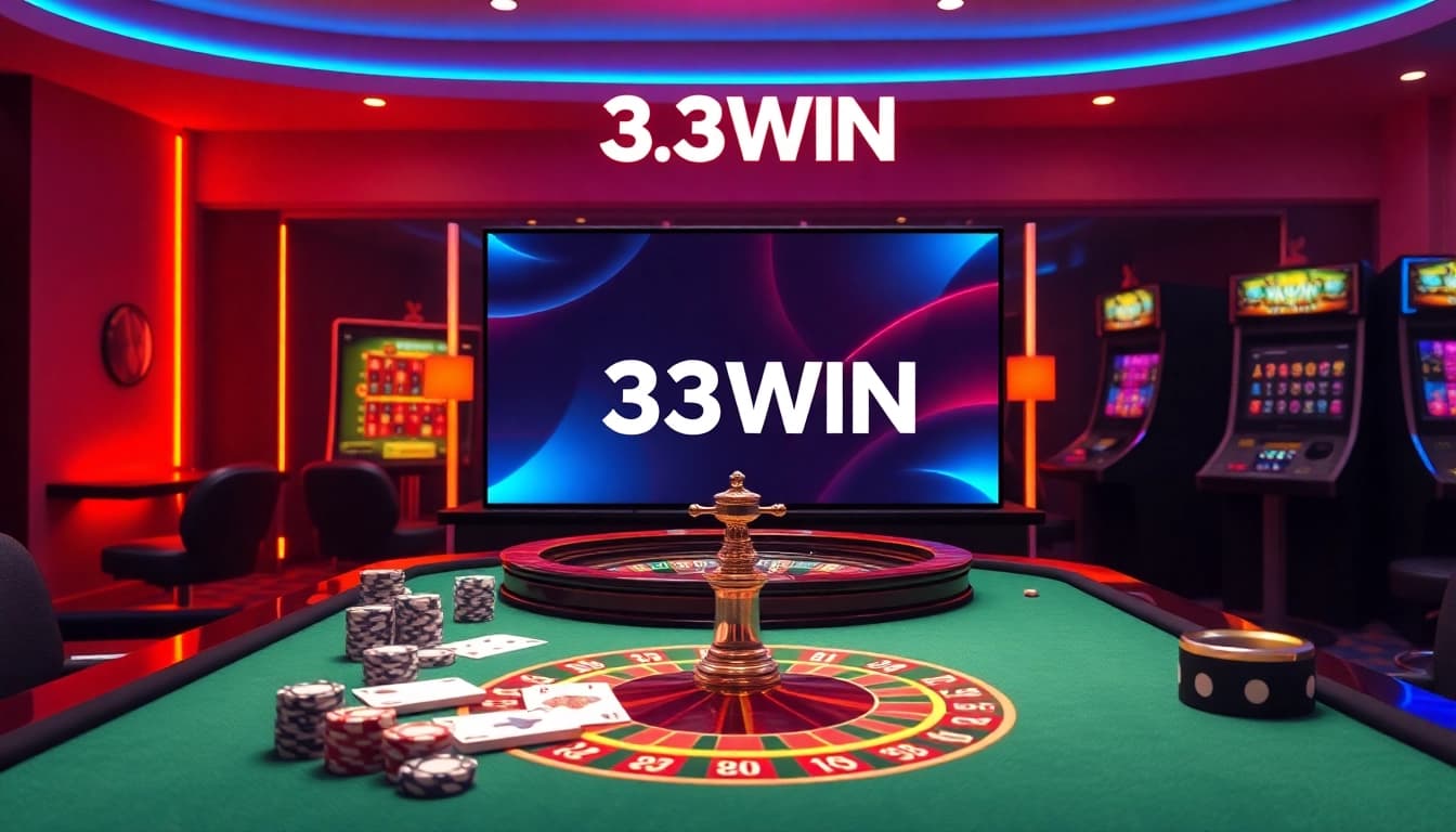 Experience the thrill of 33WIN with luxurious casino elements and digital gaming setups.