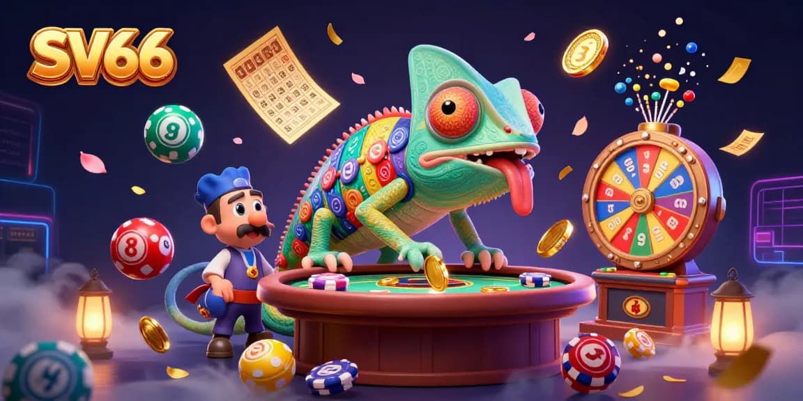 Engage with SV66's vibrant casino atmosphere and win exciting prizes in a dynamic illustrated scene.
