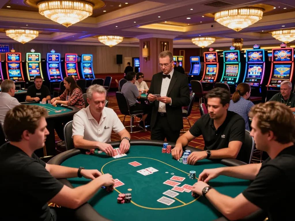 Xoilac's poker night with players competing at the tables in a vibrant casino